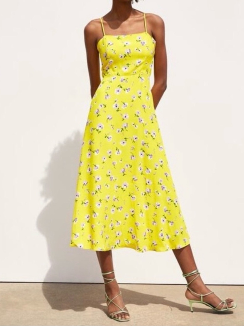 Zara yellow midi dress with purple flowers